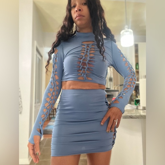 Fashion Nova Kara Cut Out Denim Blue Long Sleeve Mini Skirt Set - Picture 10 of 16